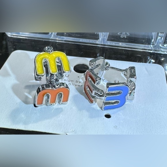 18K White Gold Plated “M” Multicolor Huggie Hoop Earrings with Diamond Accent - Picture 2 of 5